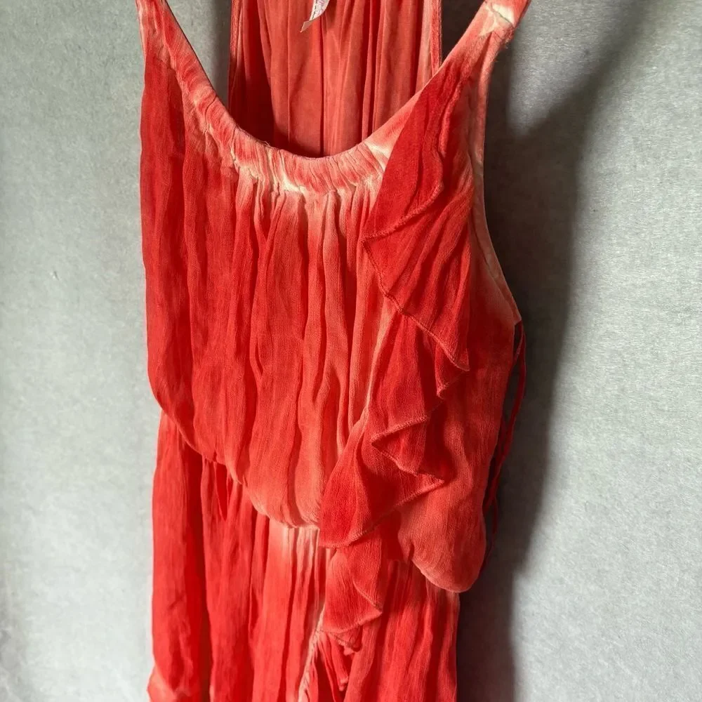 Free People Mini Dress Size S Orange White Tie-Dye Bohemian Ruffle Elastic Waist